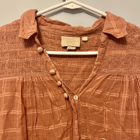 ๐ฅ 3/$30 Anthropologie orange embroidered plaid button long sleeve top - Picture 12 of 17